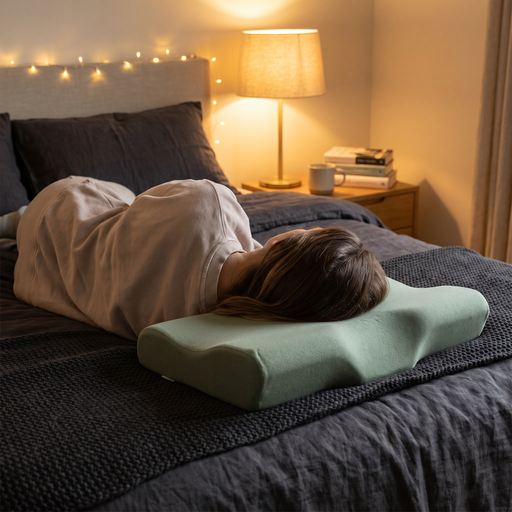 Stomach sleeper resting on green contour memory foam pillow in a calm bedroom