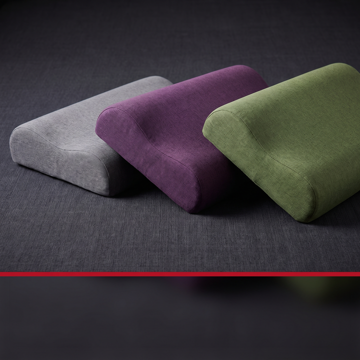 Grey, purple, and green contour memory foam pillow colorways together