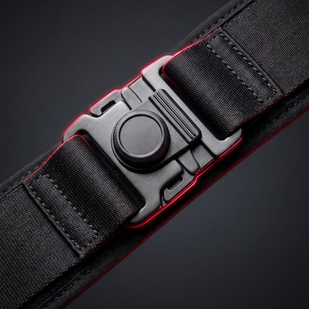 Close-up of adjustable compression strap system on PHYSIOATHLETX black waist support belt