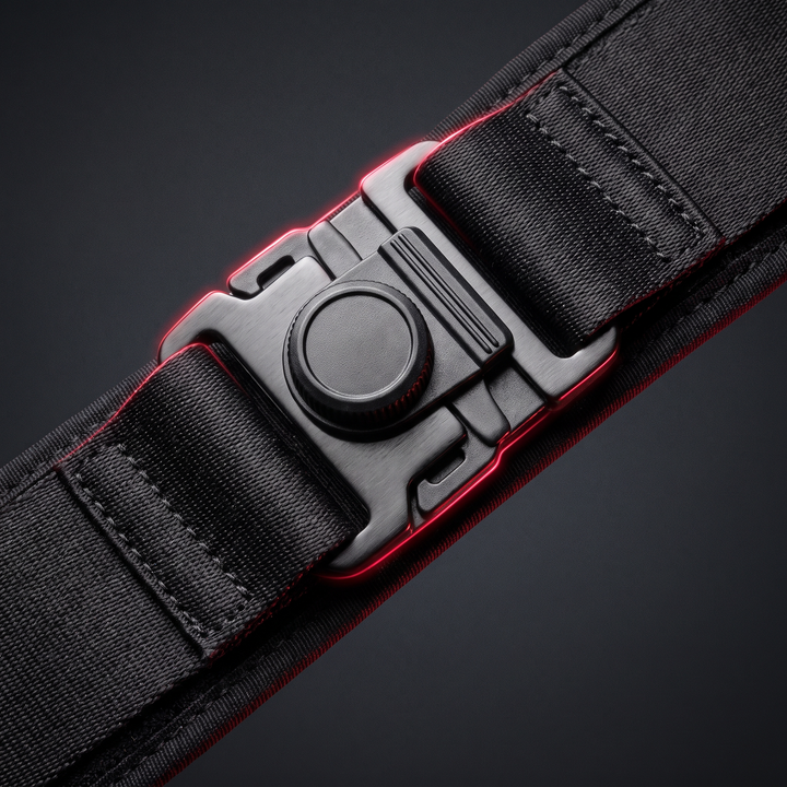 Close-up of adjustable compression strap system on PHYSIOATHLETX black waist support belt