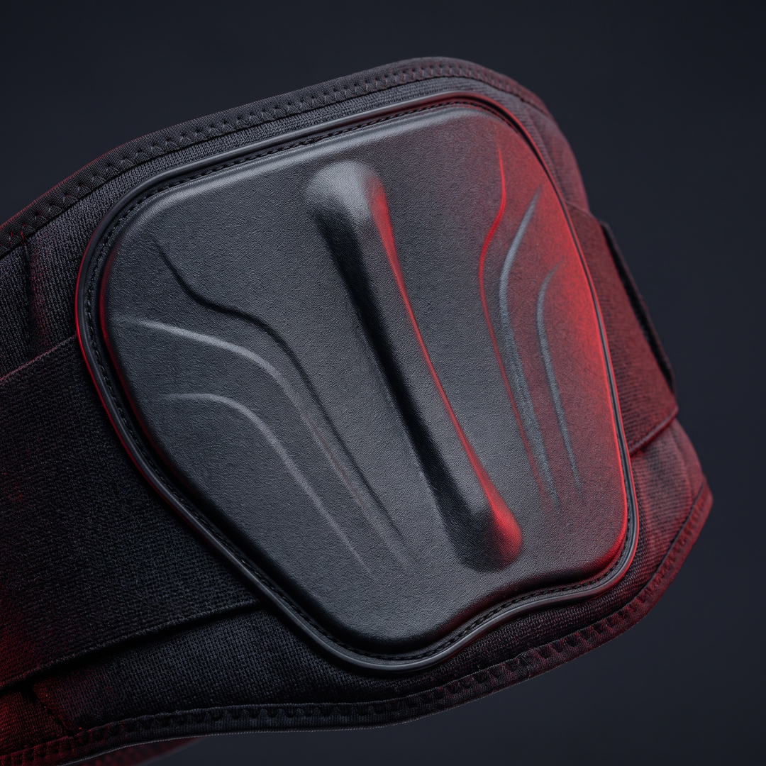 Close-up of reinforced structured back panel with spine-neutral alignment design on PHYSIOATHLETX black waist support belt