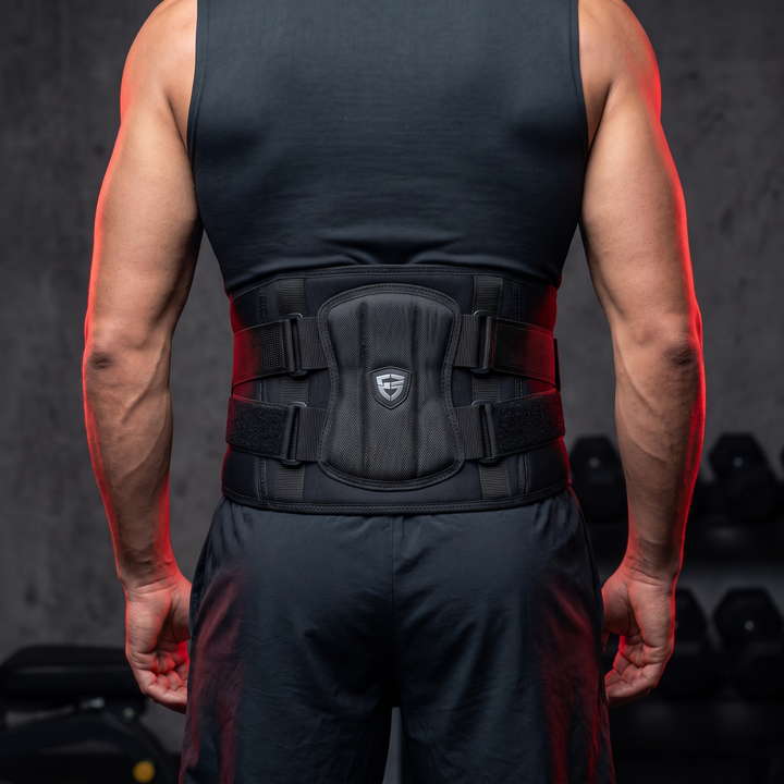 PHYSIOATHLETX black waist support belt back view showing reinforced spine-neutral alignment panel