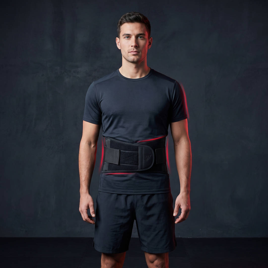PHYSIOATHLETX black adjustable posture support and back support belt, front view, gym-ready waist stability design