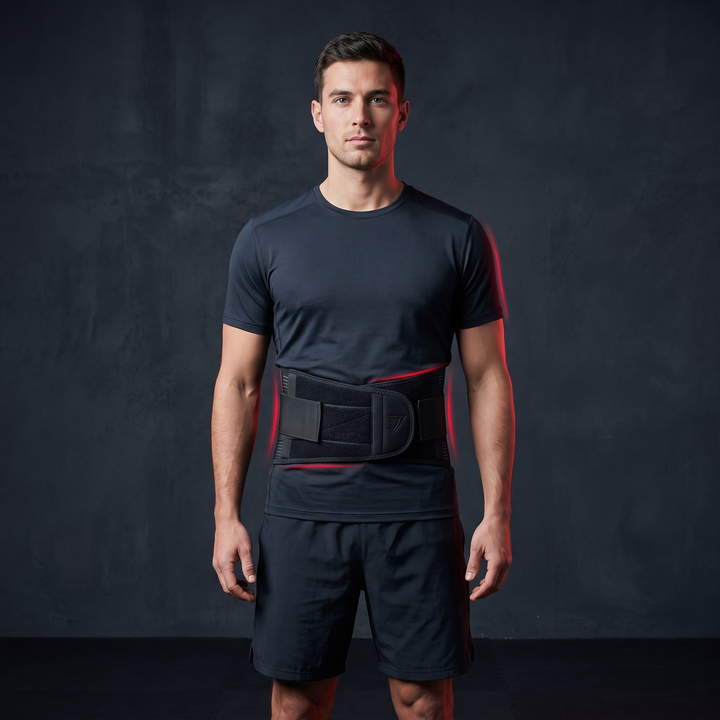 PHYSIOATHLETX black adjustable posture support and back support belt, front view, gym-ready waist stability design