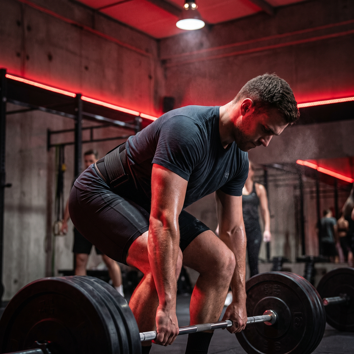 Athlete wearing PHYSIOATHLETX black waist support belt during gym training, locks in proper posture