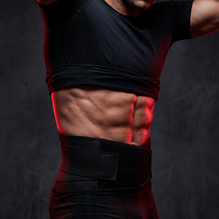 Athlete flexing core wearing PHYSIOATHLETX black waist support belt, engineered for all-day support