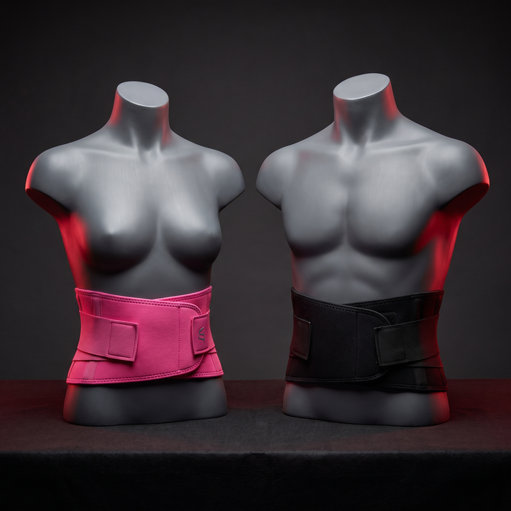 PHYSIOATHLETX waist support belt color options displayed on mannequin forms, pink and black