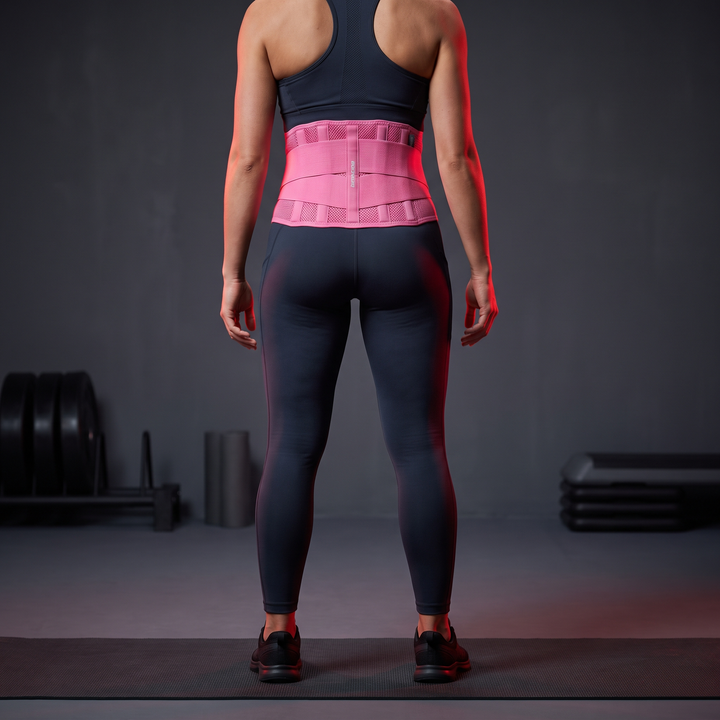 PHYSIOATHLETX pink waist support belt back view showing reinforced spine-neutral alignment panel