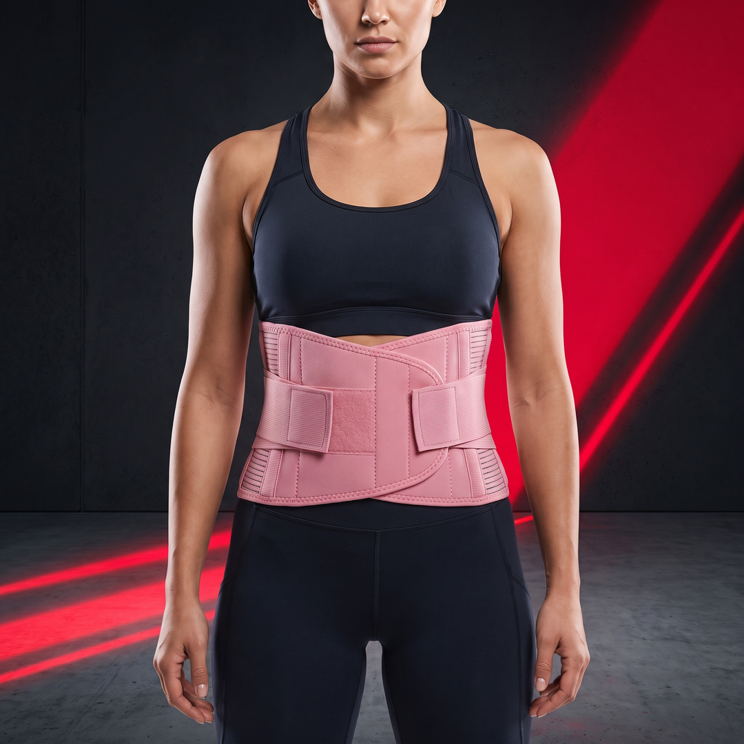 PHYSIOATHLETX pink adjustable posture support and back support belt, front view, gym-ready waist stability design