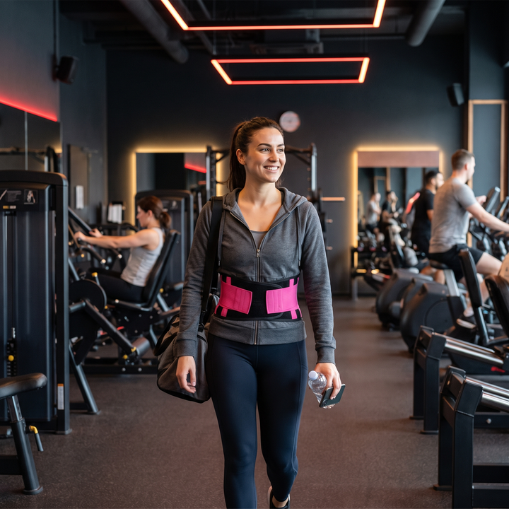 Athlete wearing PHYSIOATHLETX pink waist support belt for gym and daily wear support