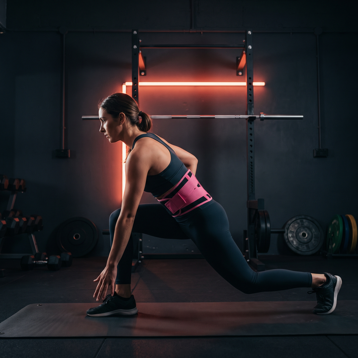 Athlete stretching wearing PHYSIOATHLETX pink waist support belt, ergonomic breathable build