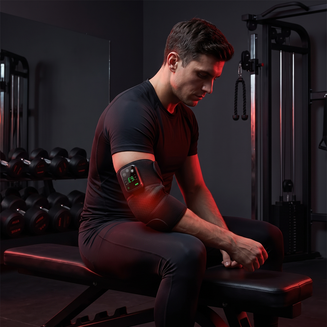 PHYSIOATHLETX 3-in-1 Shoulder Knee Elbow Massager - Worn on Elbow Lifestyle