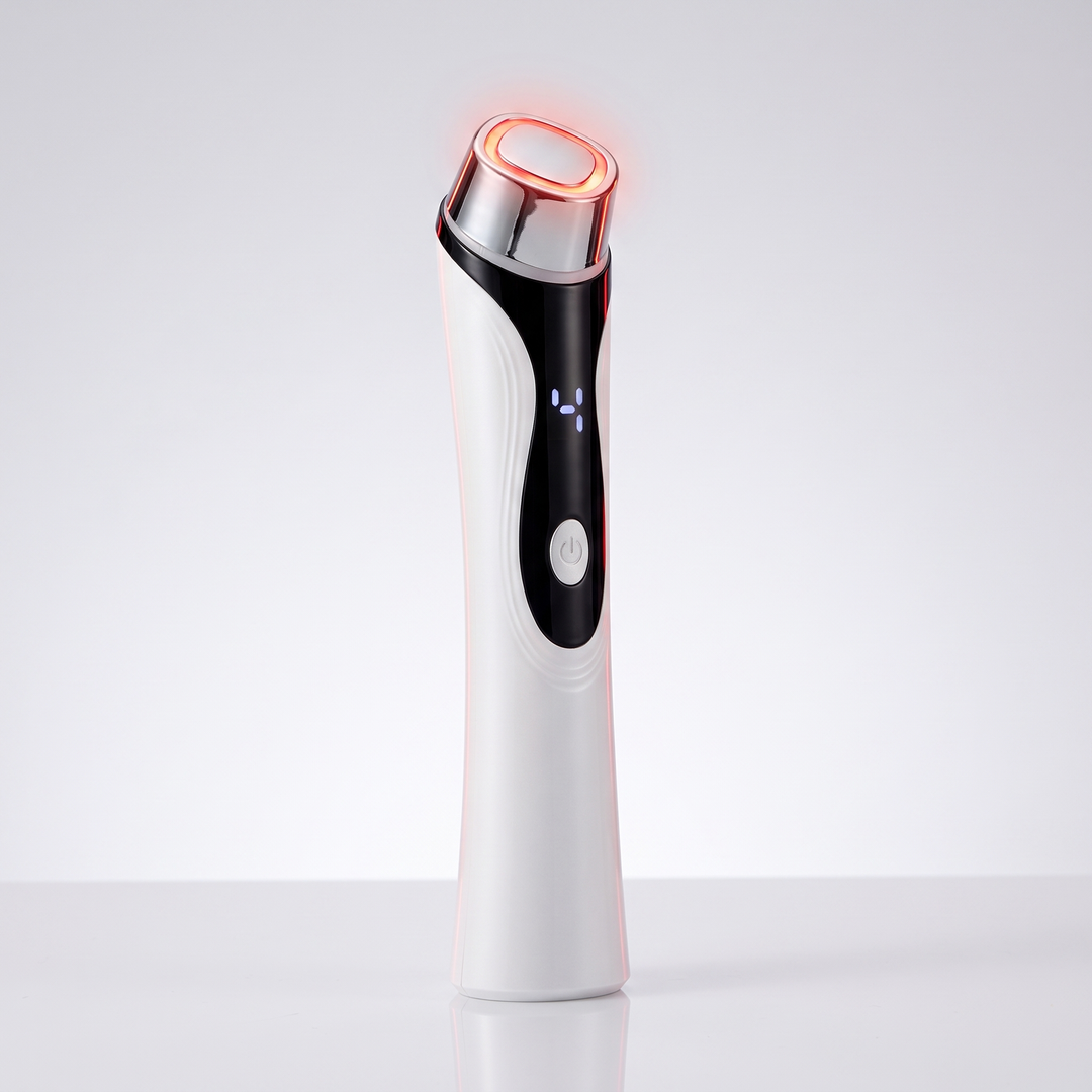 4-in-1 microcurrent facial device, front three-quarter view with LED-lit applicator tip