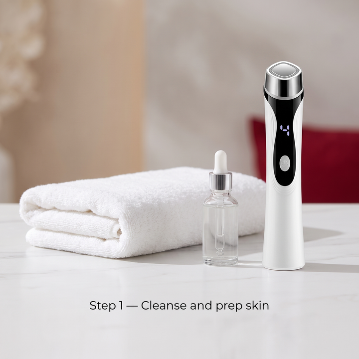 Step 1, cleanse and prep skin before using the device