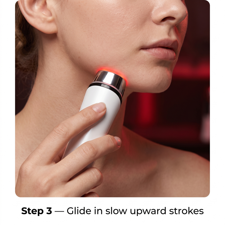 Step 3, glide the device in slow upward strokes along the jawline