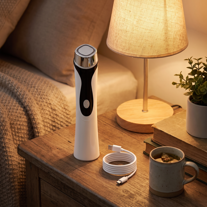 Evening nightstand scene with the device and USB-C charging cable