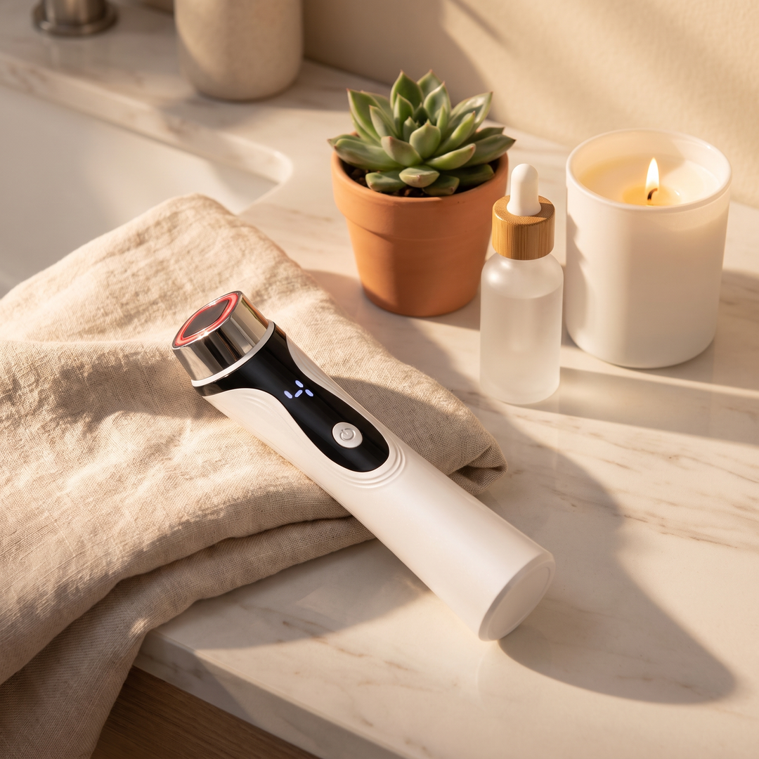 Bathroom vanity flatlay with the facial device as part of an at-home routine