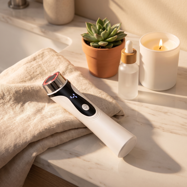 Bathroom vanity flatlay with the facial device as part of an at-home routine