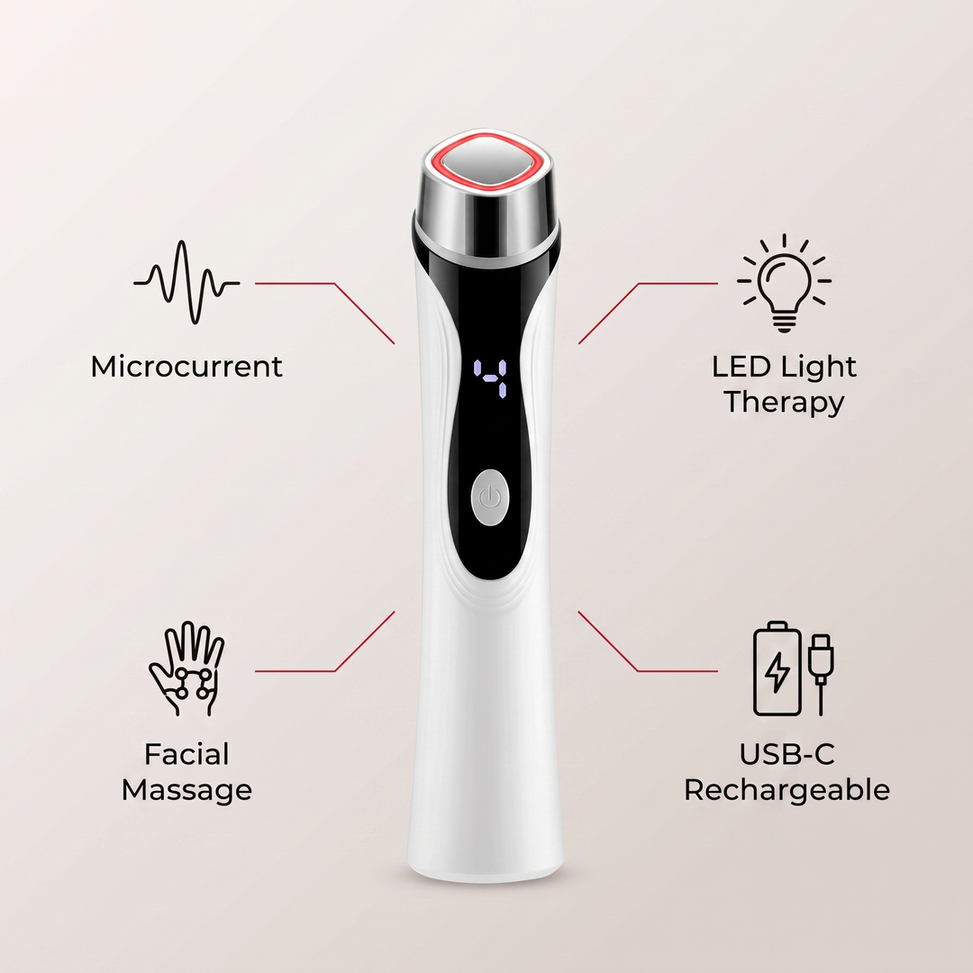4-in-1 function summary, microcurrent, LED light therapy, facial massage, USB-C rechargeable