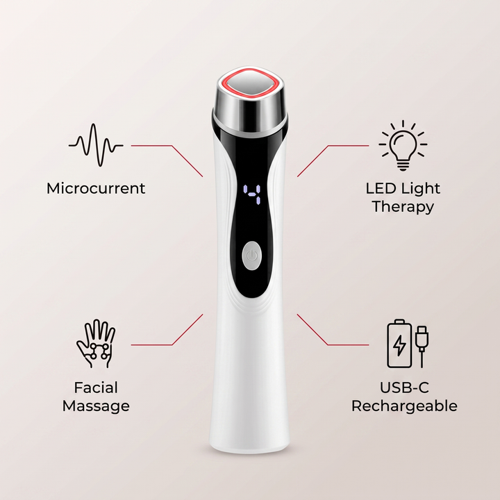 4-in-1 function summary, microcurrent, LED light therapy, facial massage, USB-C rechargeable