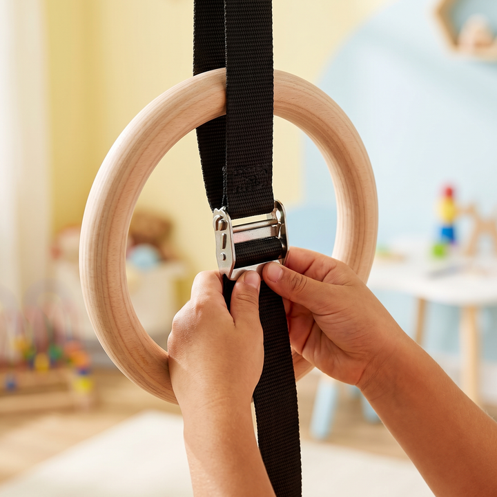 Adjustable Wooden Gymnastic Rings for Kids 25mm Gym Rings with Adjustable Straps and Buckles Indoor Home Playground Fitness Pull Up Rings for Children - Adjustable Buckle Detail