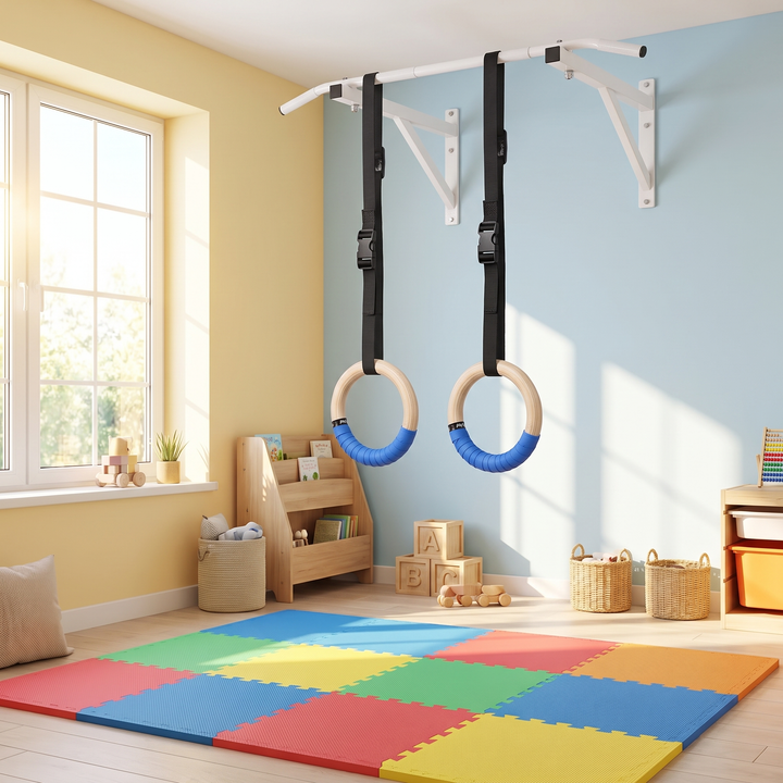 Adjustable Wooden Gymnastic Rings for Kids 25mm Gym Rings with Adjustable Straps and Buckles Indoor Home Playground Fitness Pull Up Rings for Children - Indoor Playroom Setup