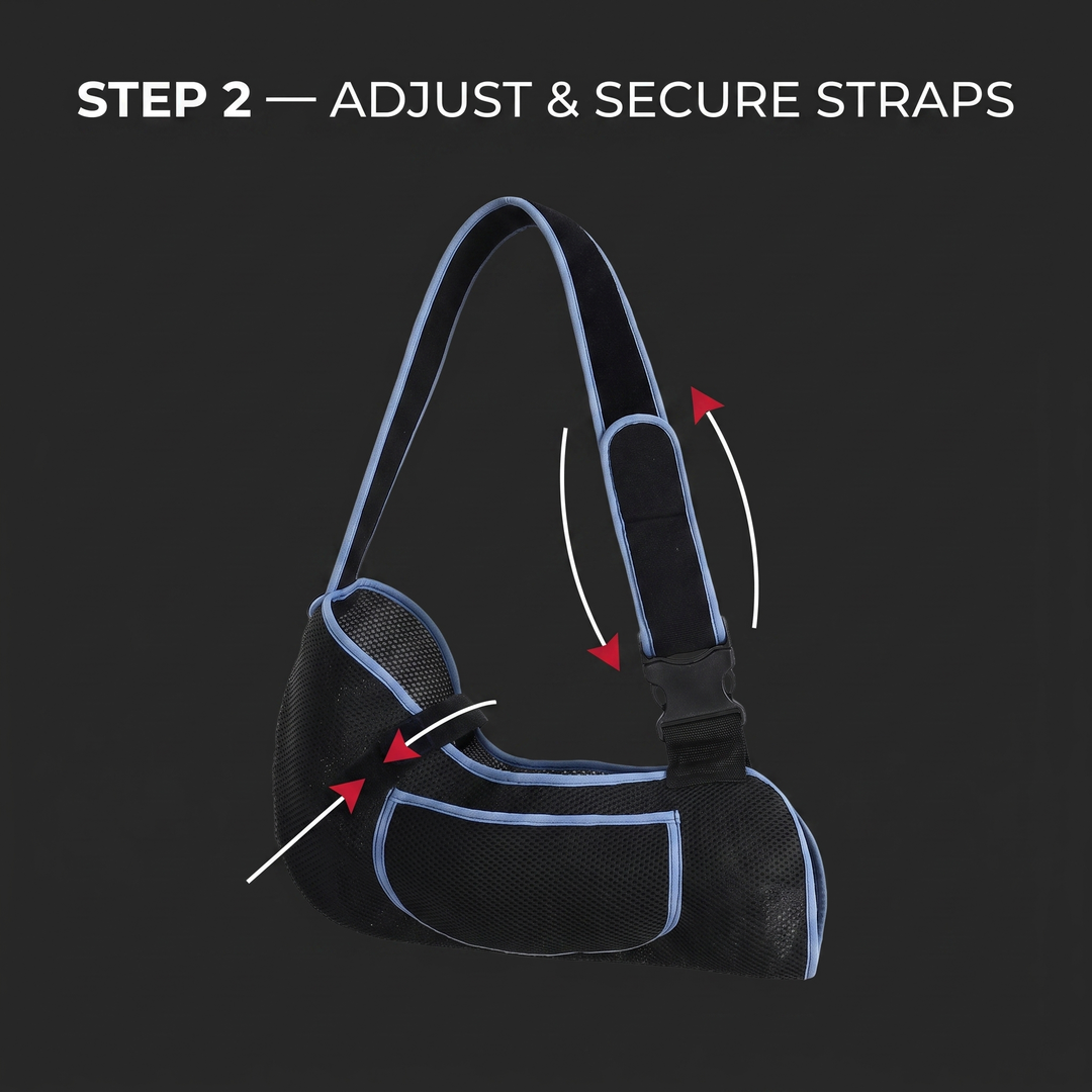 Step 2, adjust and secure the shoulder strap