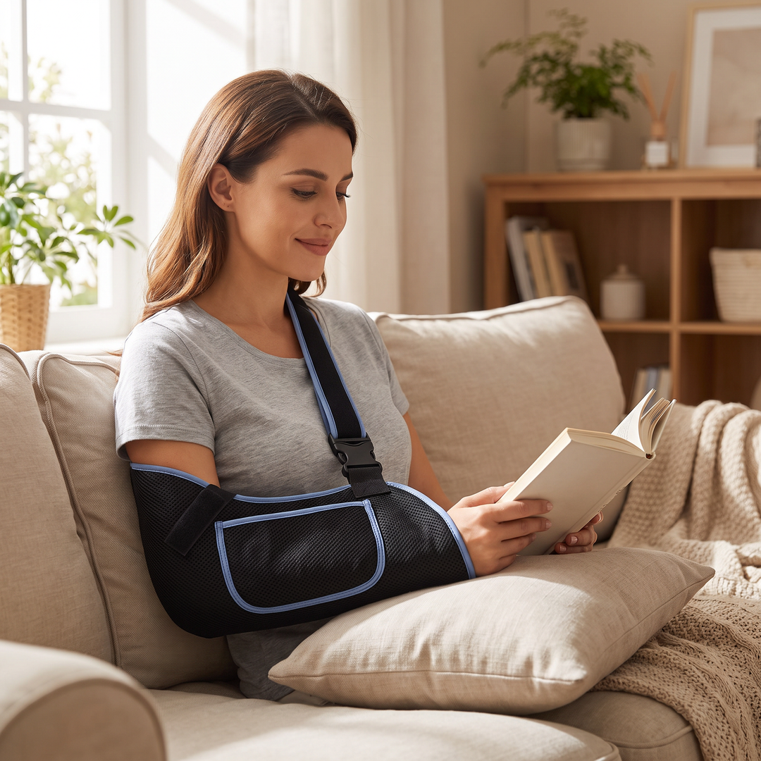 Adult wearing the adjustable arm support sling at home, relaxed daily wear