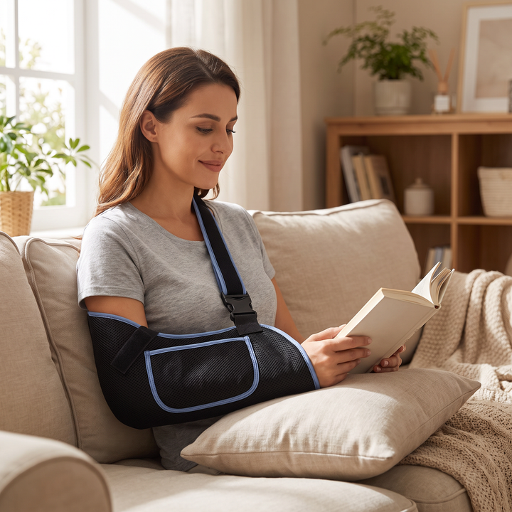 Adult wearing the adjustable arm support sling at home, relaxed daily wear