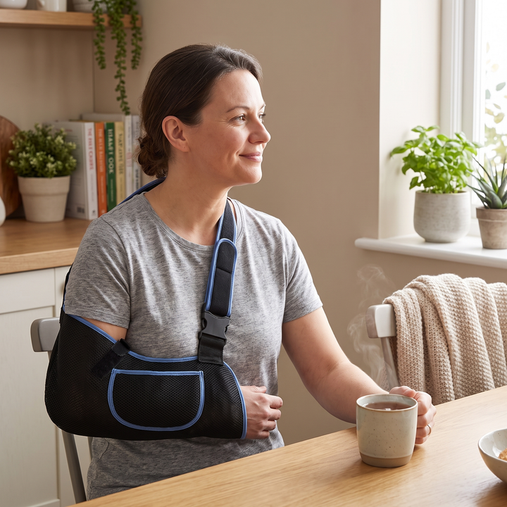 Adult wearing the arm support sling during daily activities at home