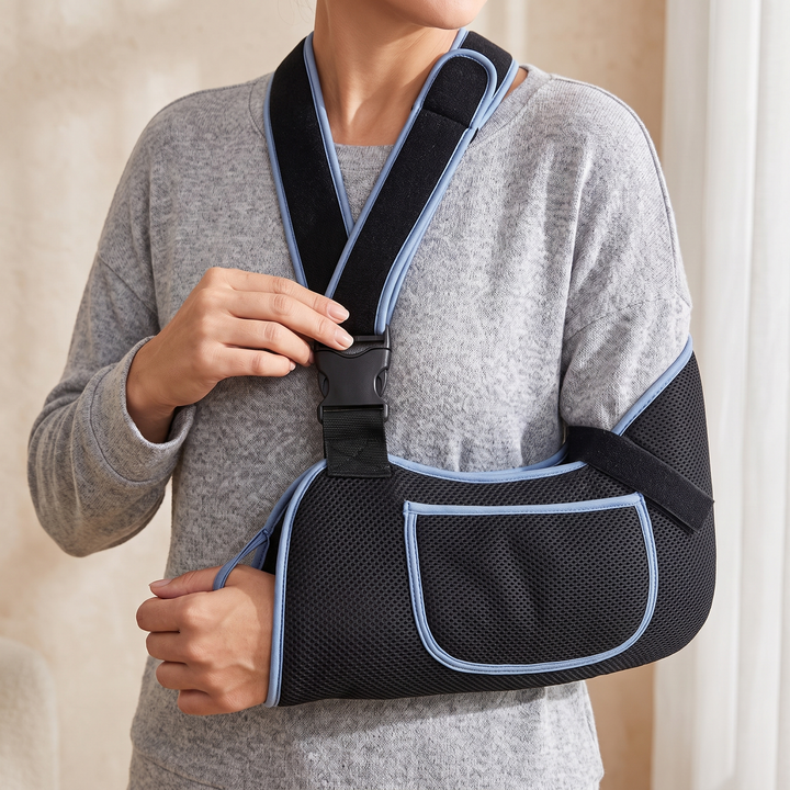 Close-up of the adjustable strap fastening on the arm support sling