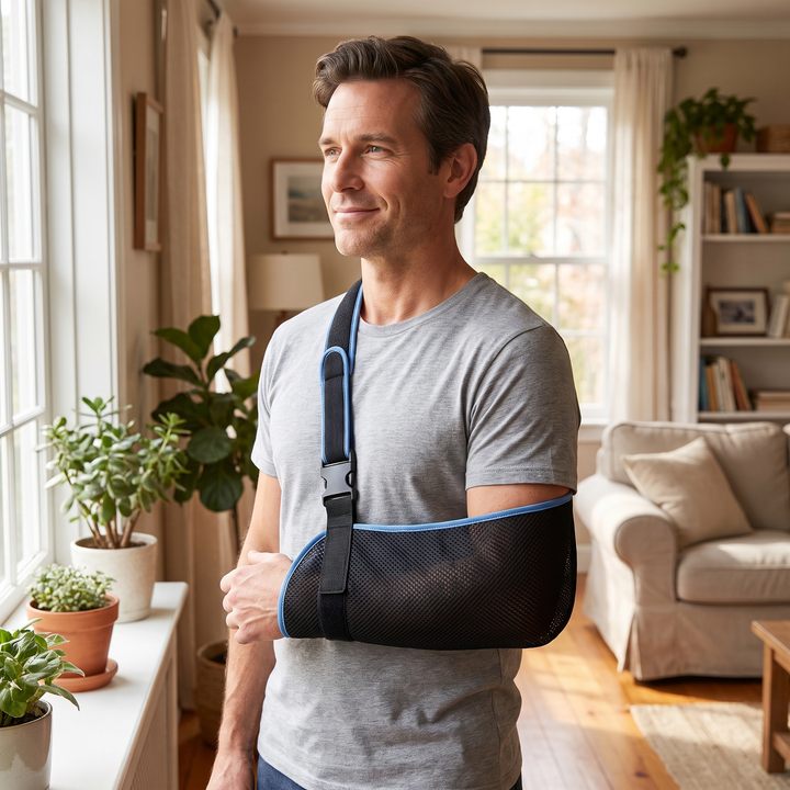 Adult wearing the arm support sling with adjustable shoulder strap indoors