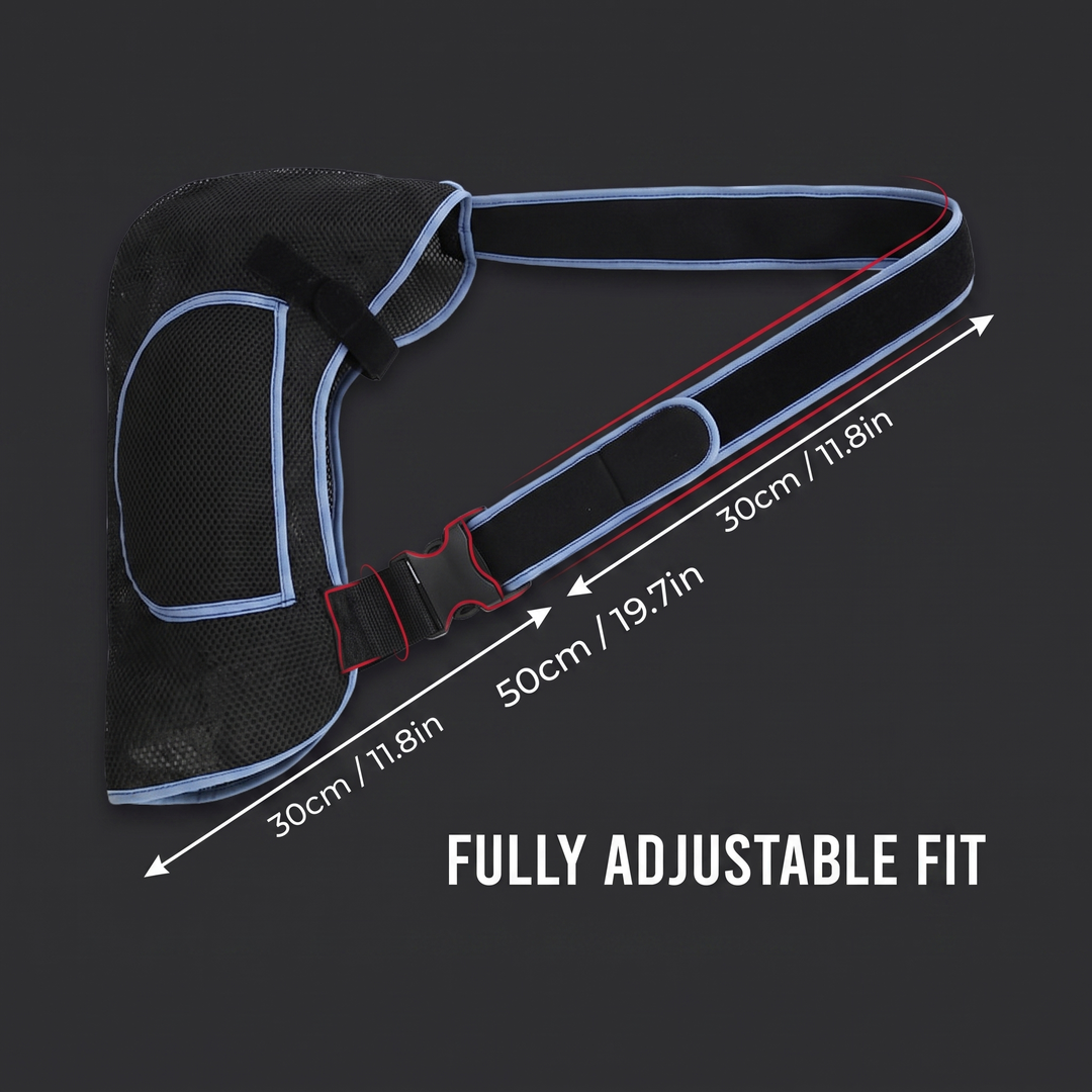 Adjustable strap length range diagram for the arm support sling