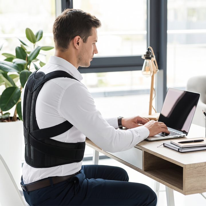 Adjustable Back Support Brace Posture Corrector Vest Lumbar Belt Shoulder Spine Strap Neck Trainer Rehabilitation Equipment for Home Gym Daily Use - worn at office desk for daily ergonomic posture support