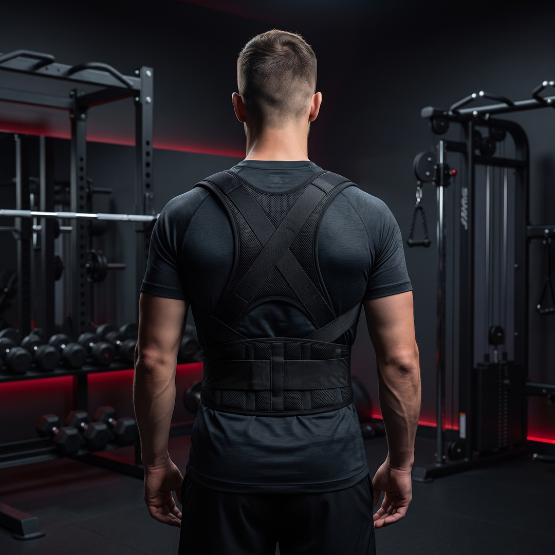 Adjustable Back Support Brace Posture Corrector Vest Lumbar Belt Shoulder Spine Strap Neck Trainer Rehabilitation Equipment for Home Gym Daily Use - worn from behind demonstrating posture alignment in home gym
