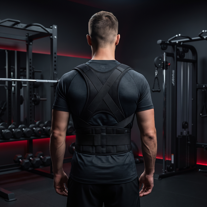 Adjustable Back Support Brace Posture Corrector Vest Lumbar Belt Shoulder Spine Strap Neck Trainer Rehabilitation Equipment for Home Gym Daily Use - worn from behind demonstrating posture alignment in home gym