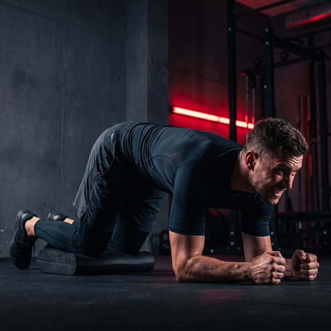 Athlete performing kneeling core-strength exercise on black PHYSIOATHLETX balance pad