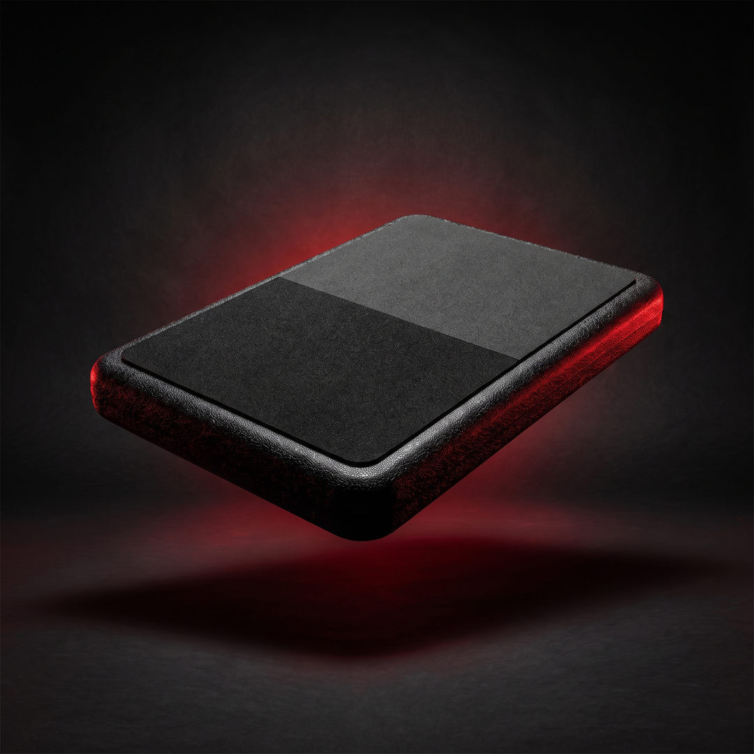 PHYSIOATHLETX black balance training pad, stability cushion hero product shot, dark-gym aesthetic