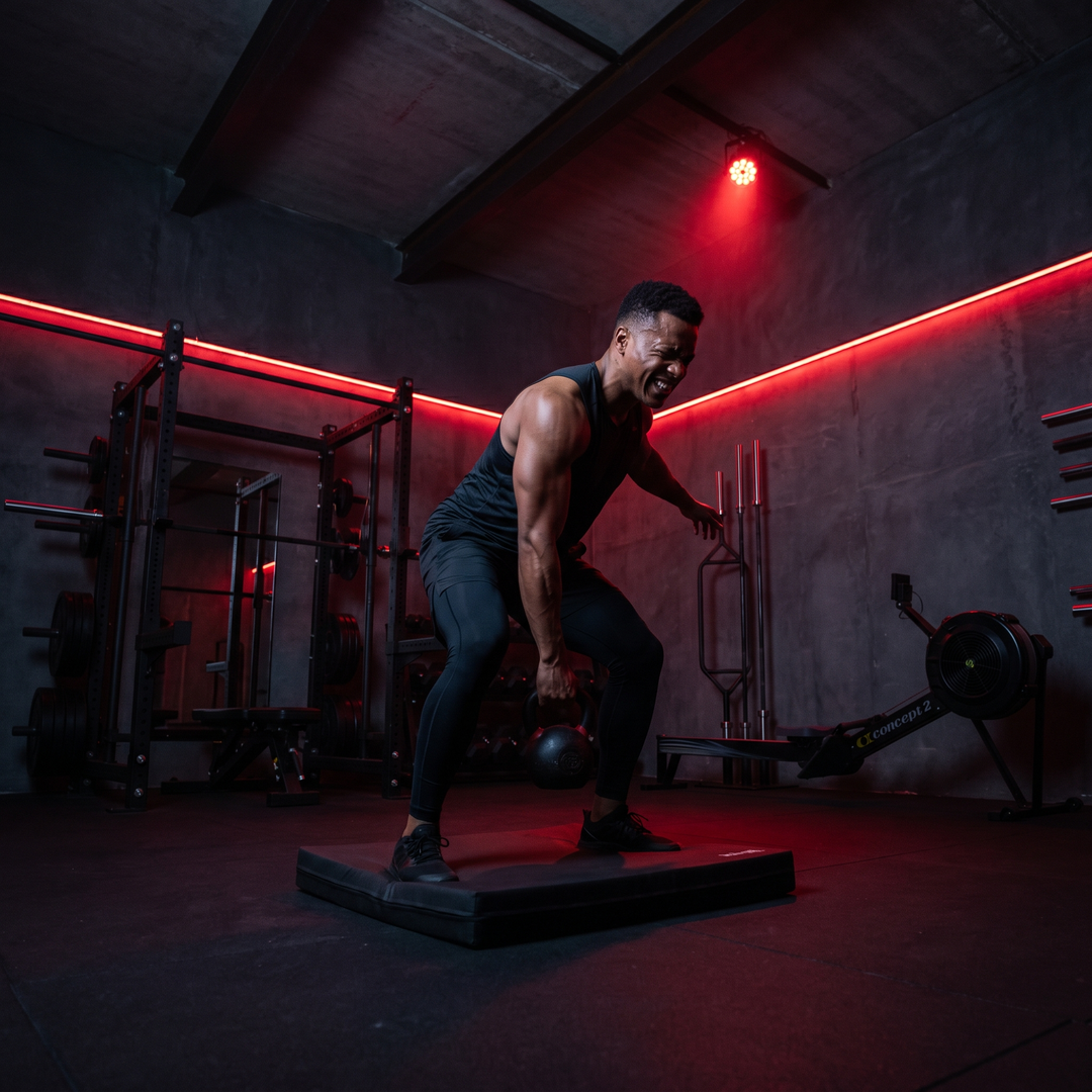 Lifestyle shot of athlete using black PHYSIOATHLETX balance training pad in a home gym setting