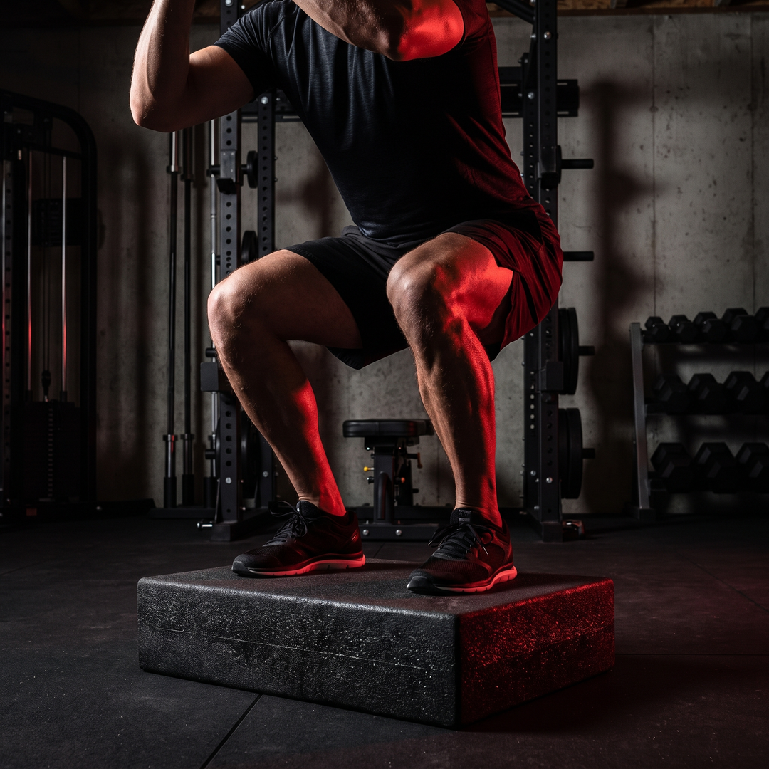 Athlete performing bodyweight squat on black PHYSIOATHLETX balance training pad