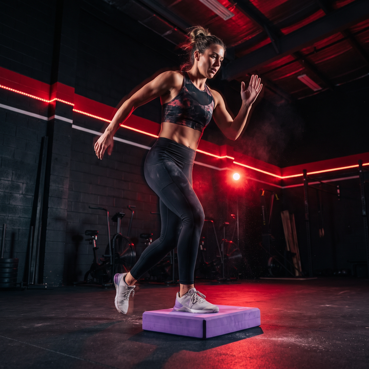 Dynamic action shot of athlete stepping onto purple PHYSIOATHLETX balance training pad