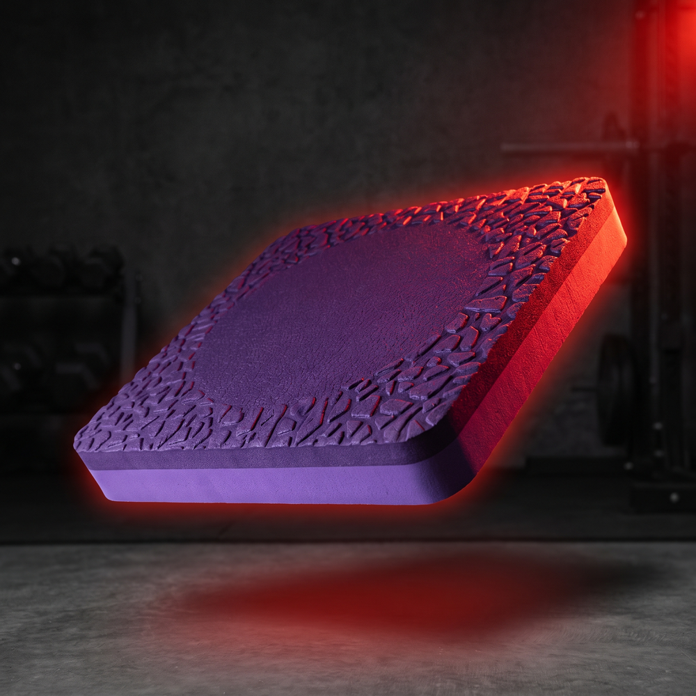 PHYSIOATHLETX purple balance training pad, stability cushion hero product shot, dark-gym aesthetic