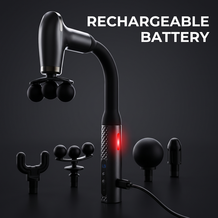 Professional Electric Massage Gun Long Bent Handle Deep Tissue Muscle Massager Rechargeable Percussion Massager for Back Neck Shoulders Muscle Relief Home Gym Recovery - Rechargeable Battery
