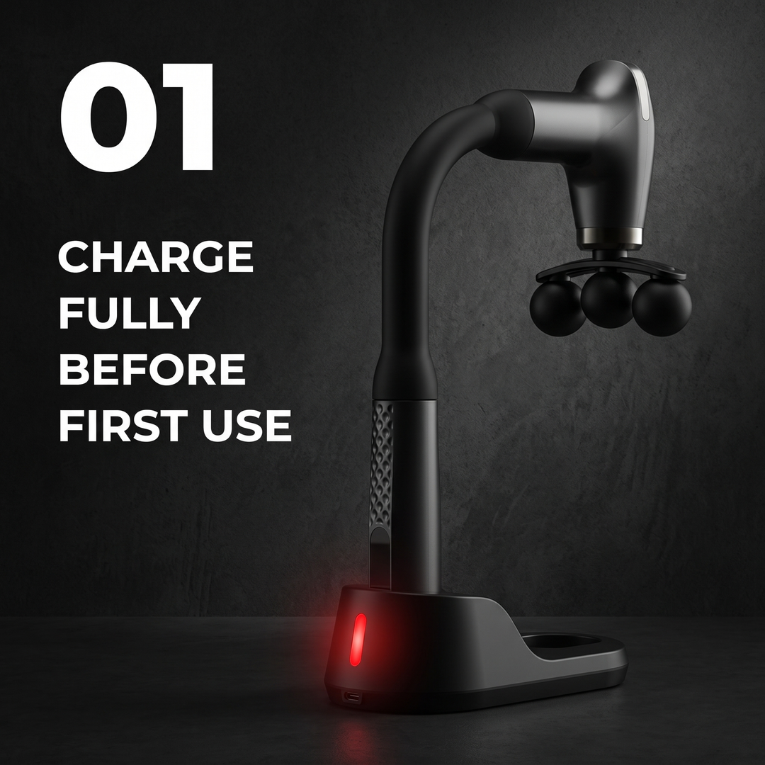 Professional Electric Massage Gun Long Bent Handle Deep Tissue Muscle Massager Rechargeable Percussion Massager for Back Neck Shoulders Muscle Relief Home Gym Recovery - How to Use Step 1 Charge Fully