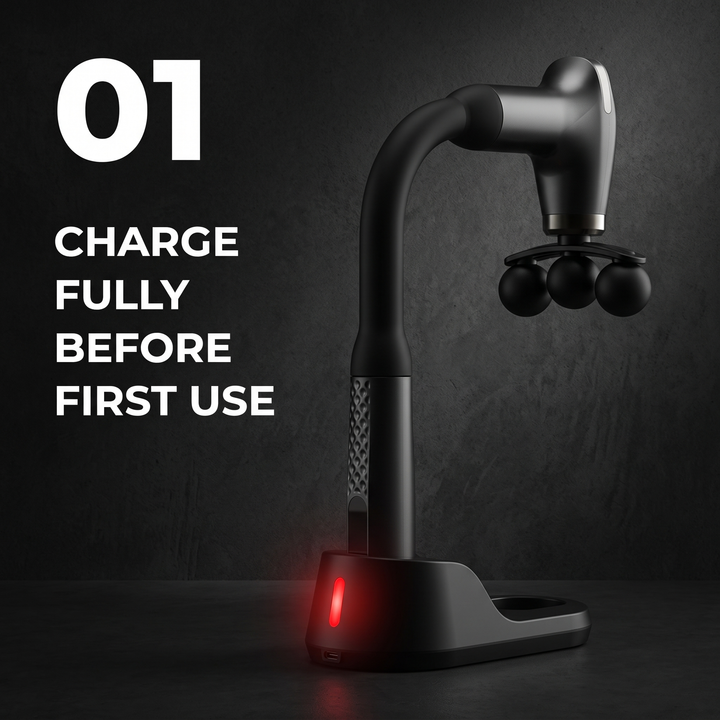 Professional Electric Massage Gun Long Bent Handle Deep Tissue Muscle Massager Rechargeable Percussion Massager for Back Neck Shoulders Muscle Relief Home Gym Recovery - How to Use Step 1 Charge Fully