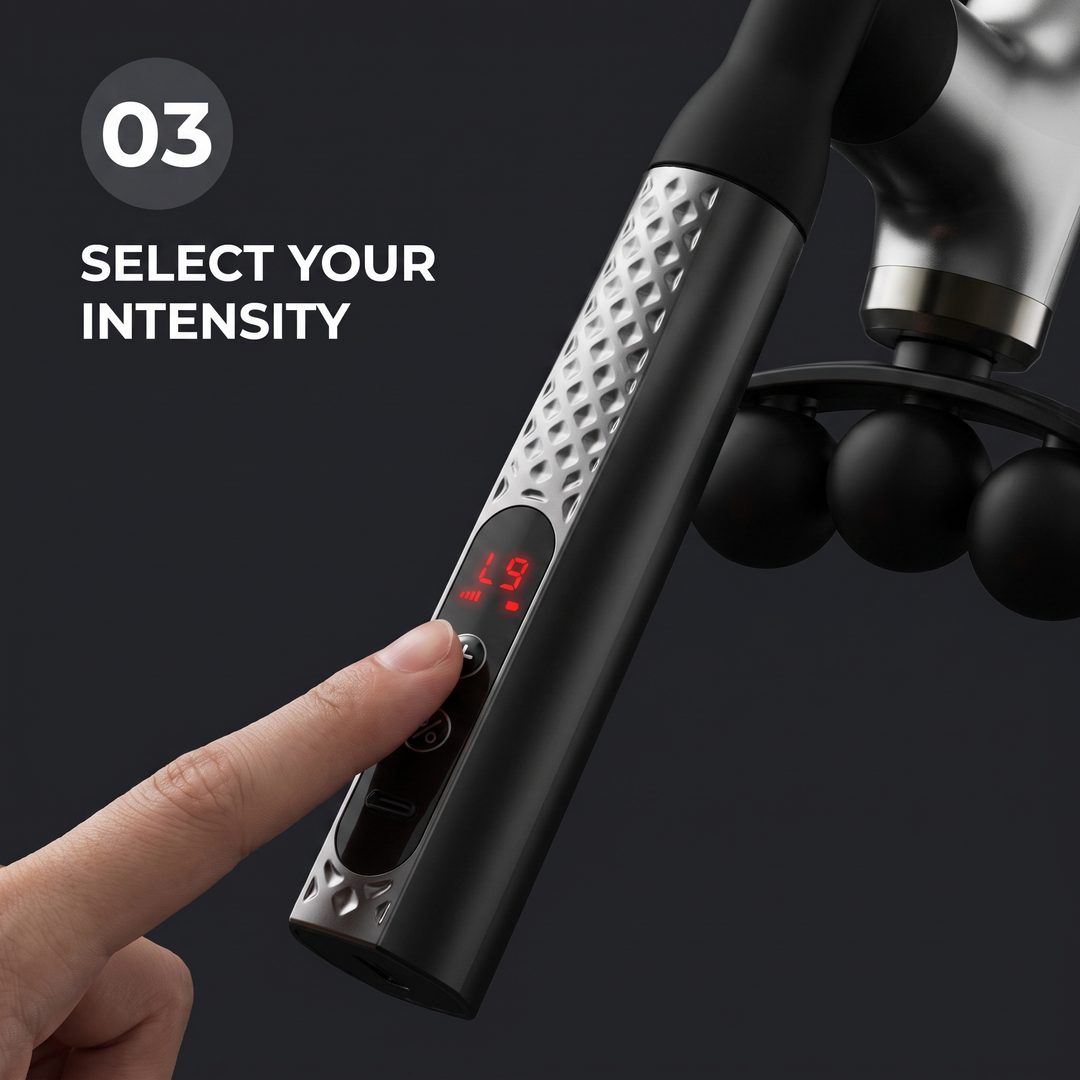 Professional Electric Massage Gun Long Bent Handle Deep Tissue Muscle Massager Rechargeable Percussion Massager for Back Neck Shoulders Muscle Relief Home Gym Recovery - How to Use Step 3 Select Intensity