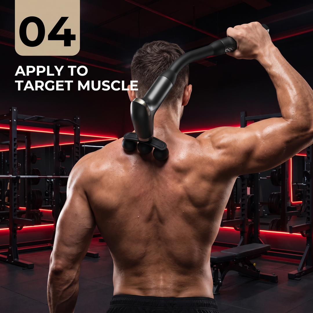 Professional Electric Massage Gun Long Bent Handle Deep Tissue Muscle Massager Rechargeable Percussion Massager for Back Neck Shoulders Muscle Relief Home Gym Recovery - How to Use Step 4 Apply to Muscle