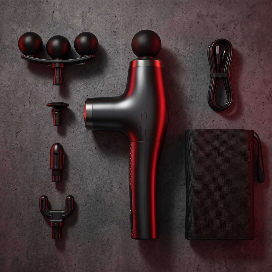 Professional Electric Massage Gun Long Bent Handle Deep Tissue Muscle Massager Rechargeable Percussion Massager for Back Neck Shoulders Muscle Relief Home Gym Recovery - Complete Accessory Kit
