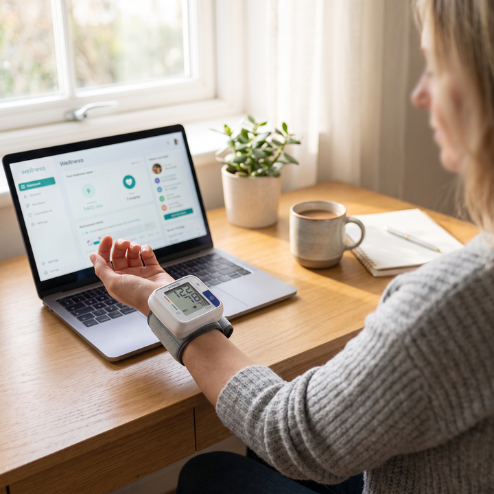 Wrist blood pressure monitor worn at a home desk for daily wellness tracking