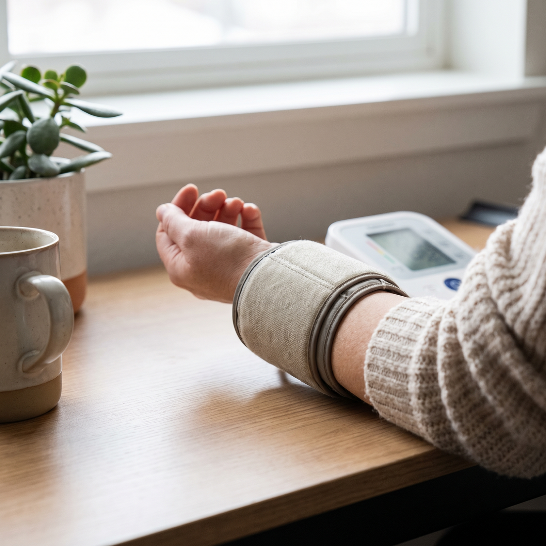 Wrist blood pressure monitor worn during a calm at-home wellness check